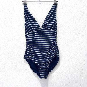 GAP Blue and White One Piece halter ruching Swimsuit with Nautical Stripes